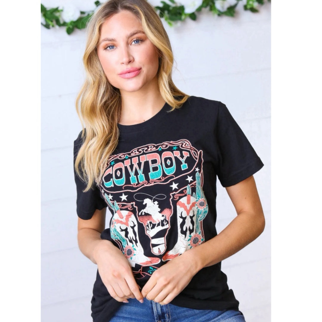 Black 100% Cotton Cowboy Longhorn Graphic T Shirt Round Neck