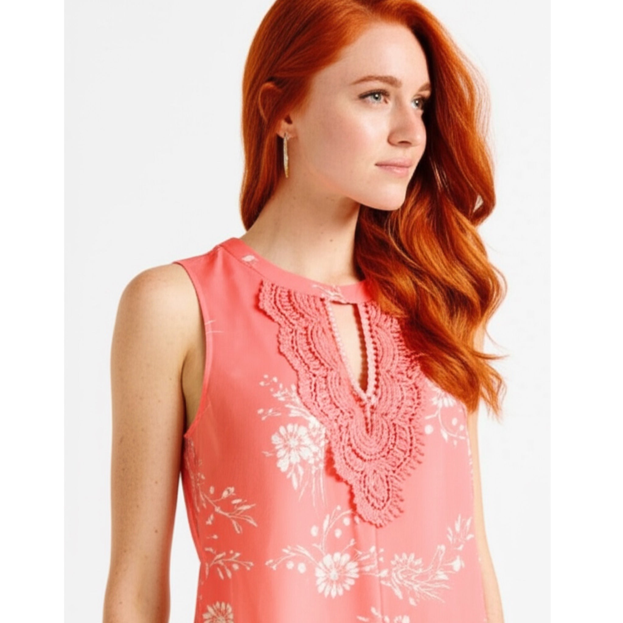 Daniel Rainn Floral Top Crochet Keyhole Sleeveless Blouse in Coral XL Only