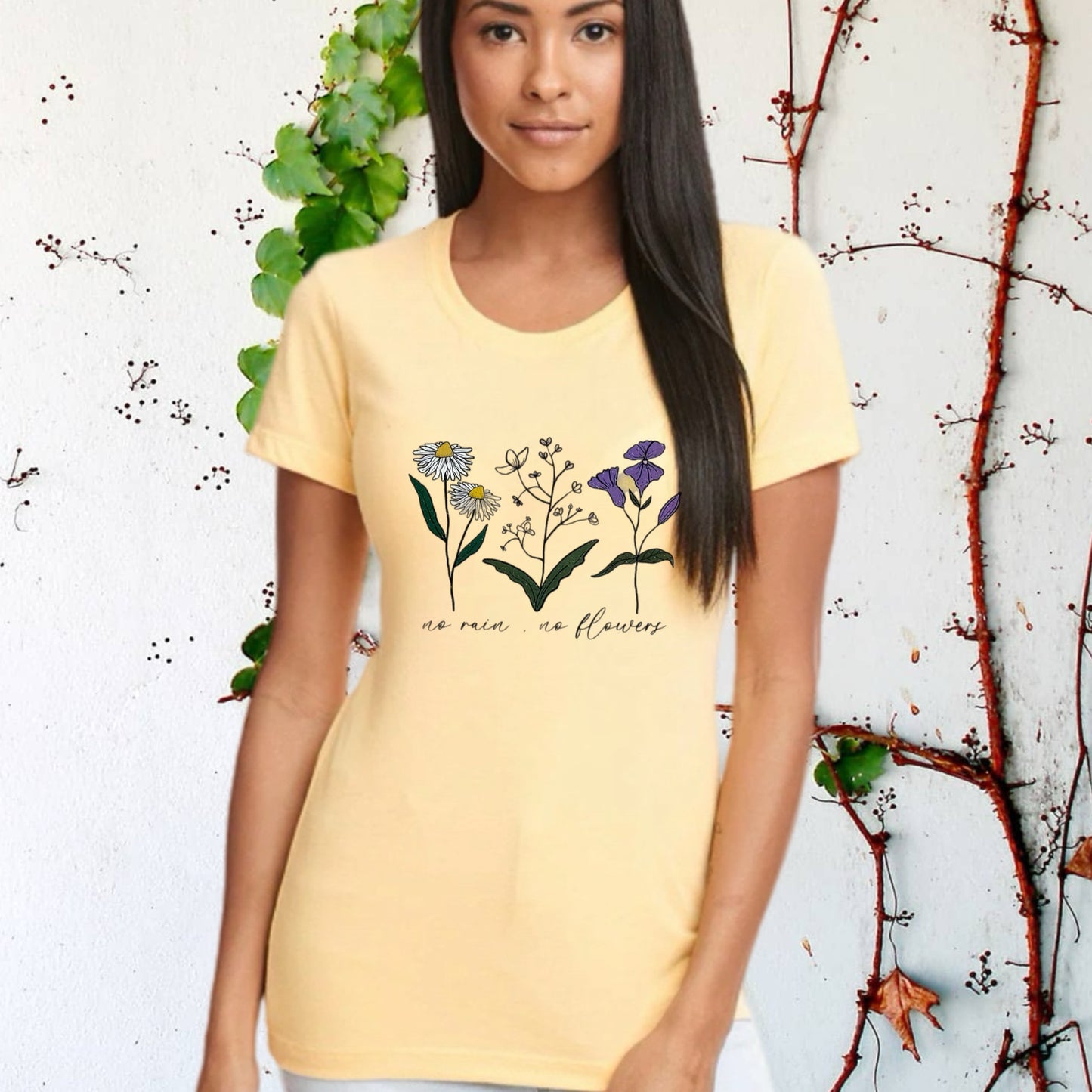 No Rain, No Flowers Women’s Graphic T Shirt Fitted Vintage Style Tee