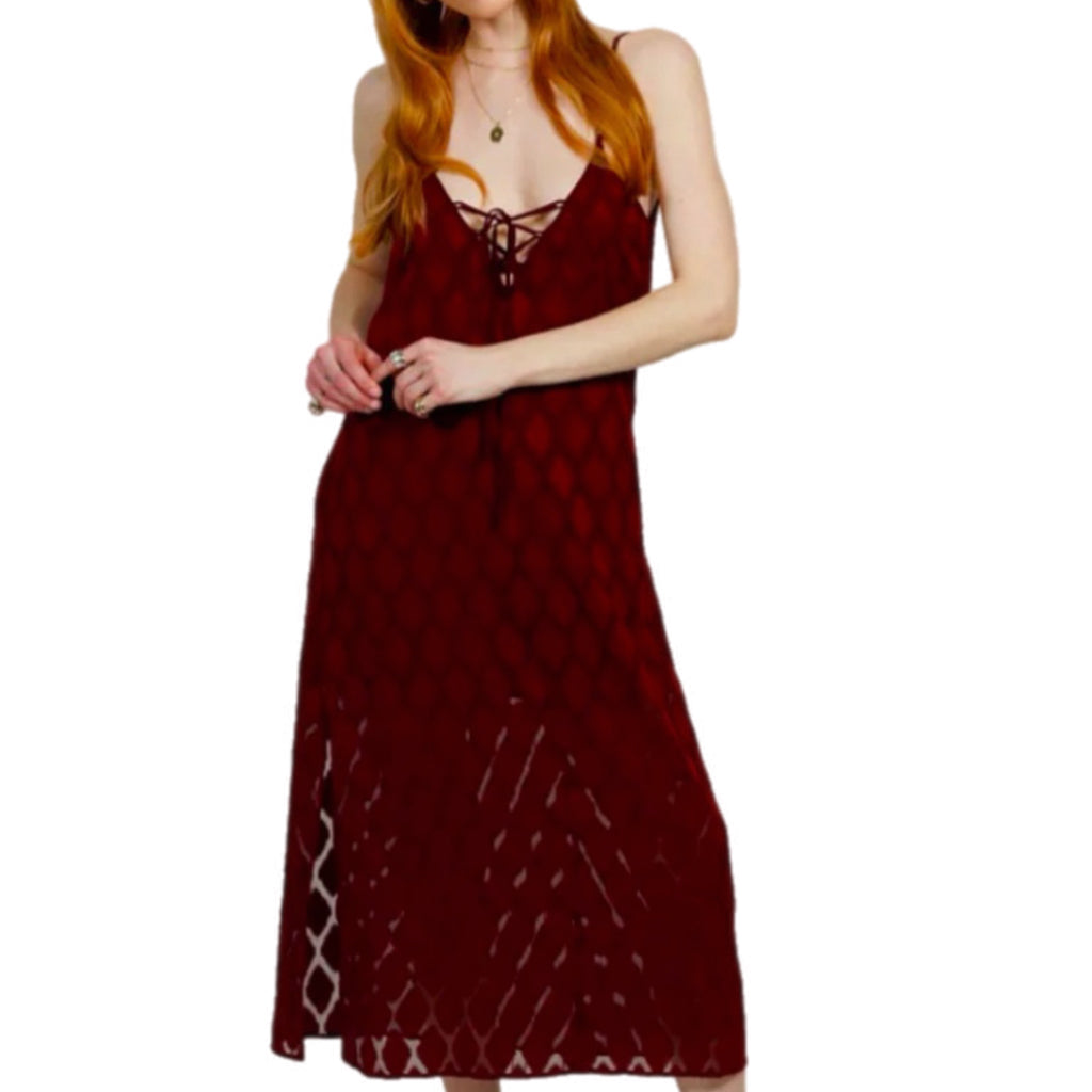 BAND OF THE FREE Lila Burgundy Autumn Slit Midi Dress Sleeveless Boho