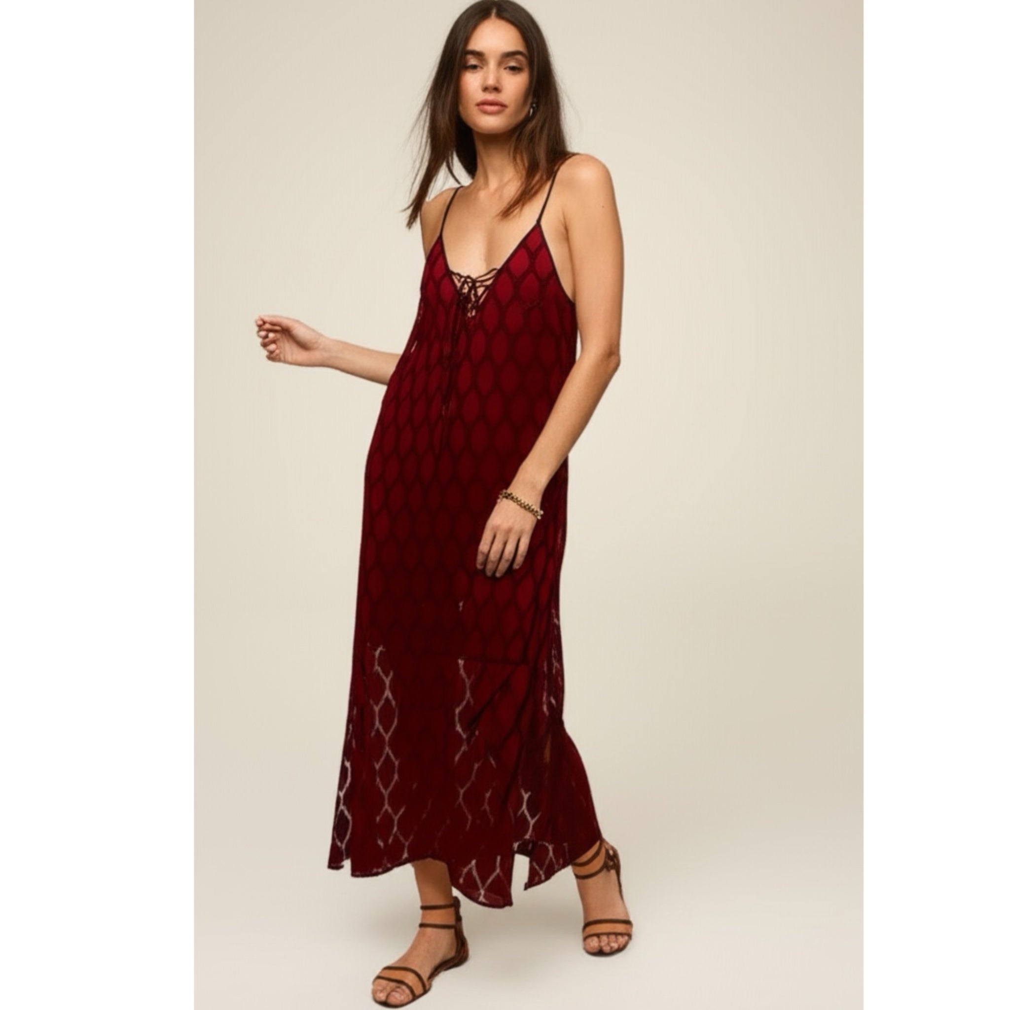 BAND OF THE FREE Lila Burgundy Autumn Slit Midi Dress Sleeveless Boho