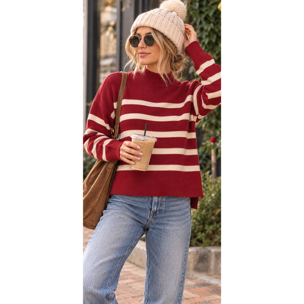 La Miel Red & Cream Striped Dolman Sleeve Mock Neck Sweater