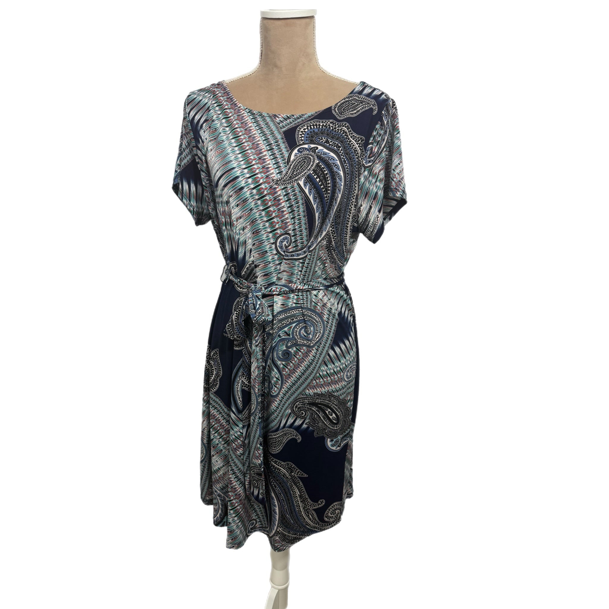 Renee C. Women’s Dress 1X Paisley Print Short Sleeve Belted Made In USA
