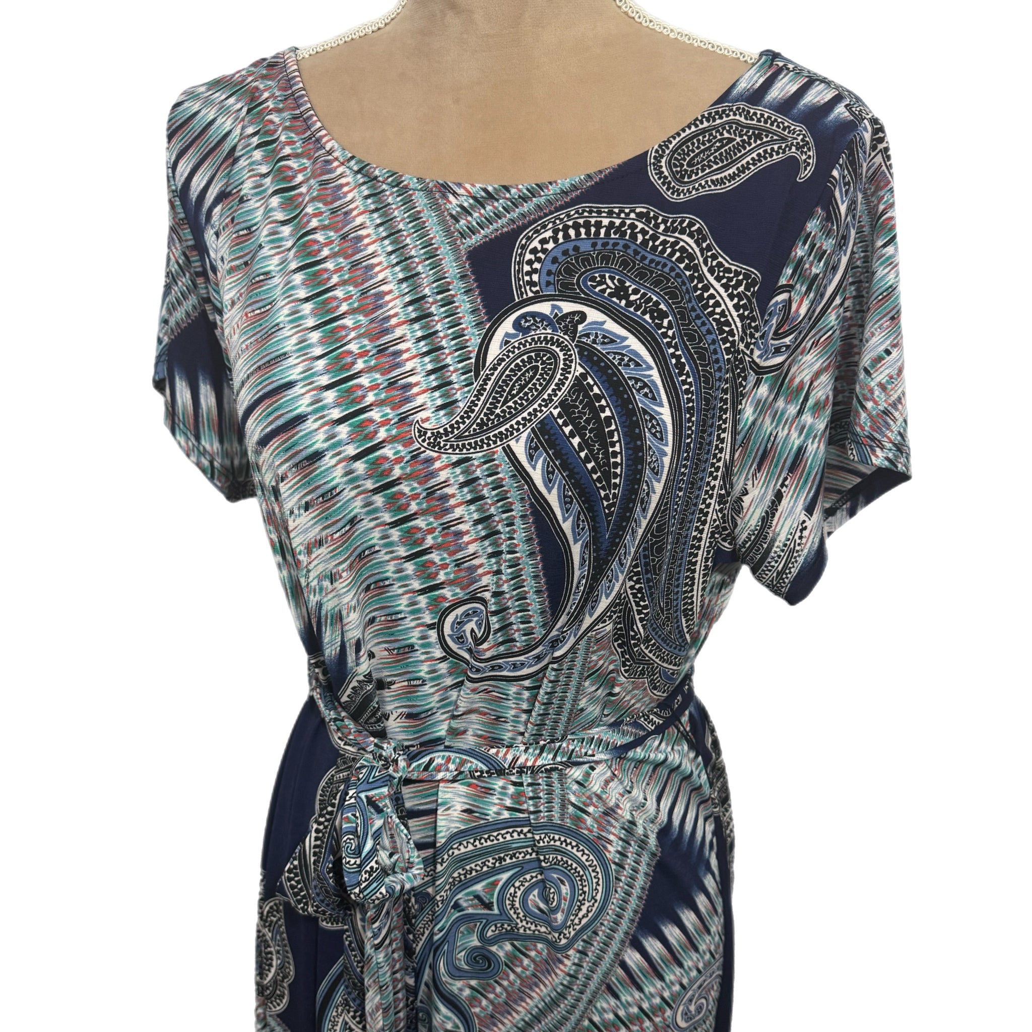 Renee C. Women’s Dress 1X Paisley Print Short Sleeve Belted Made In USA