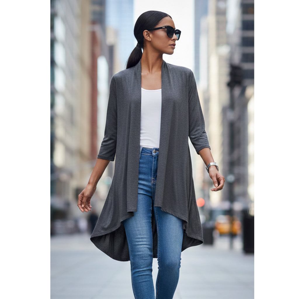 ReneeC. Bamboo Cardigan High Low Open Front Duster Made in USA in Charcoal Gray
