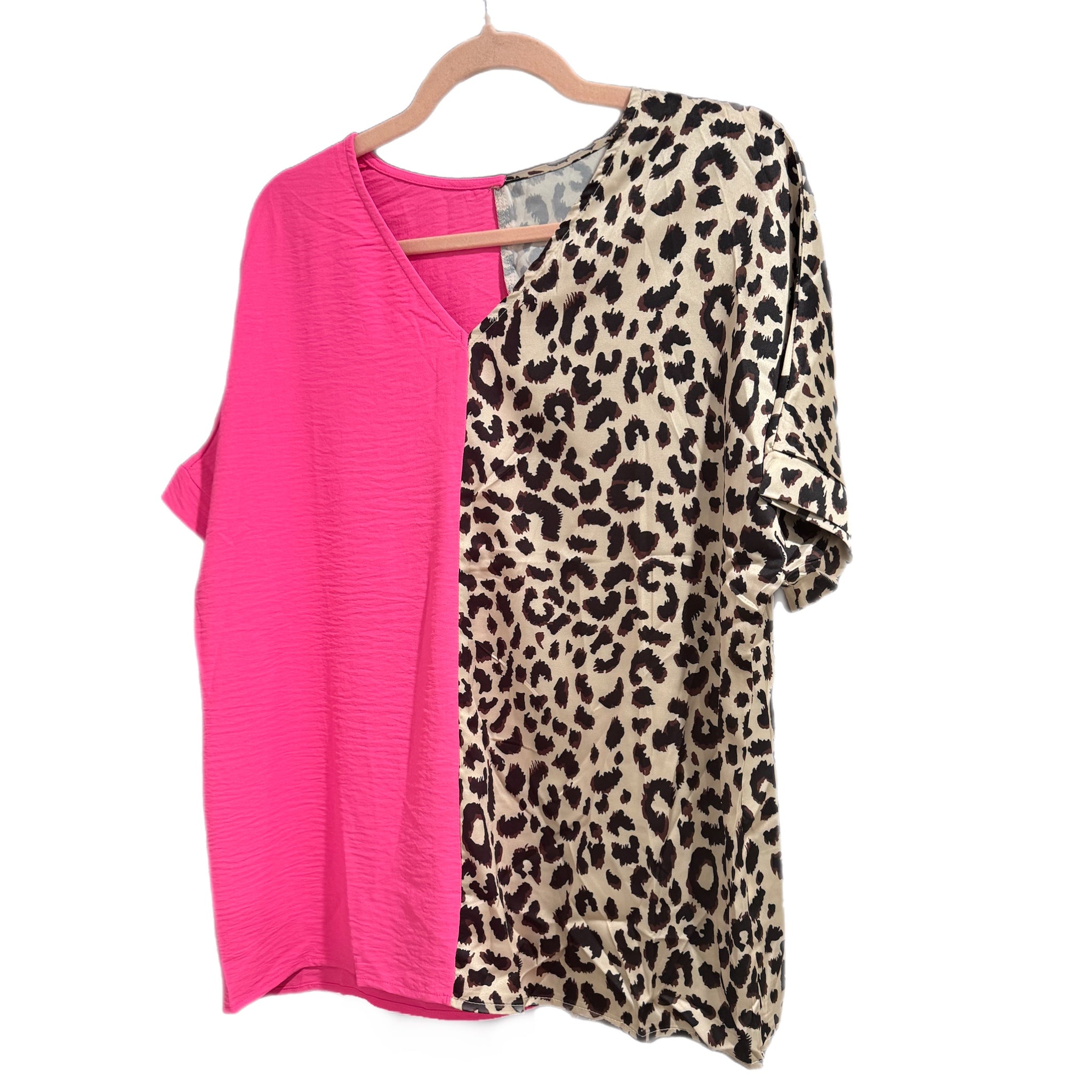 Contrast Pink & Leopard Colorblock V Neck Top Short Sleeve Shirt