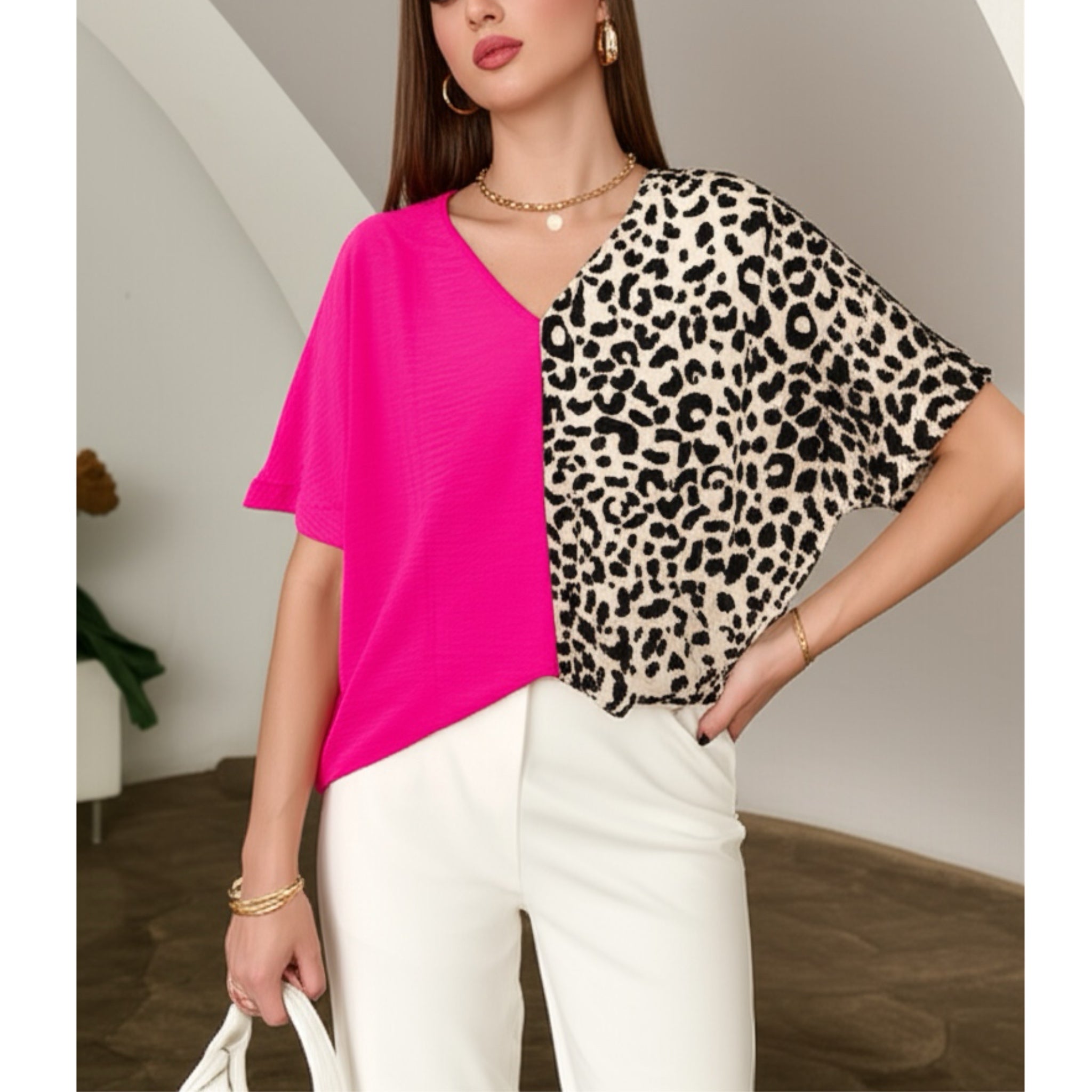 Contrast Pink & Leopard Colorblock V Neck Top Short Sleeve Shirt