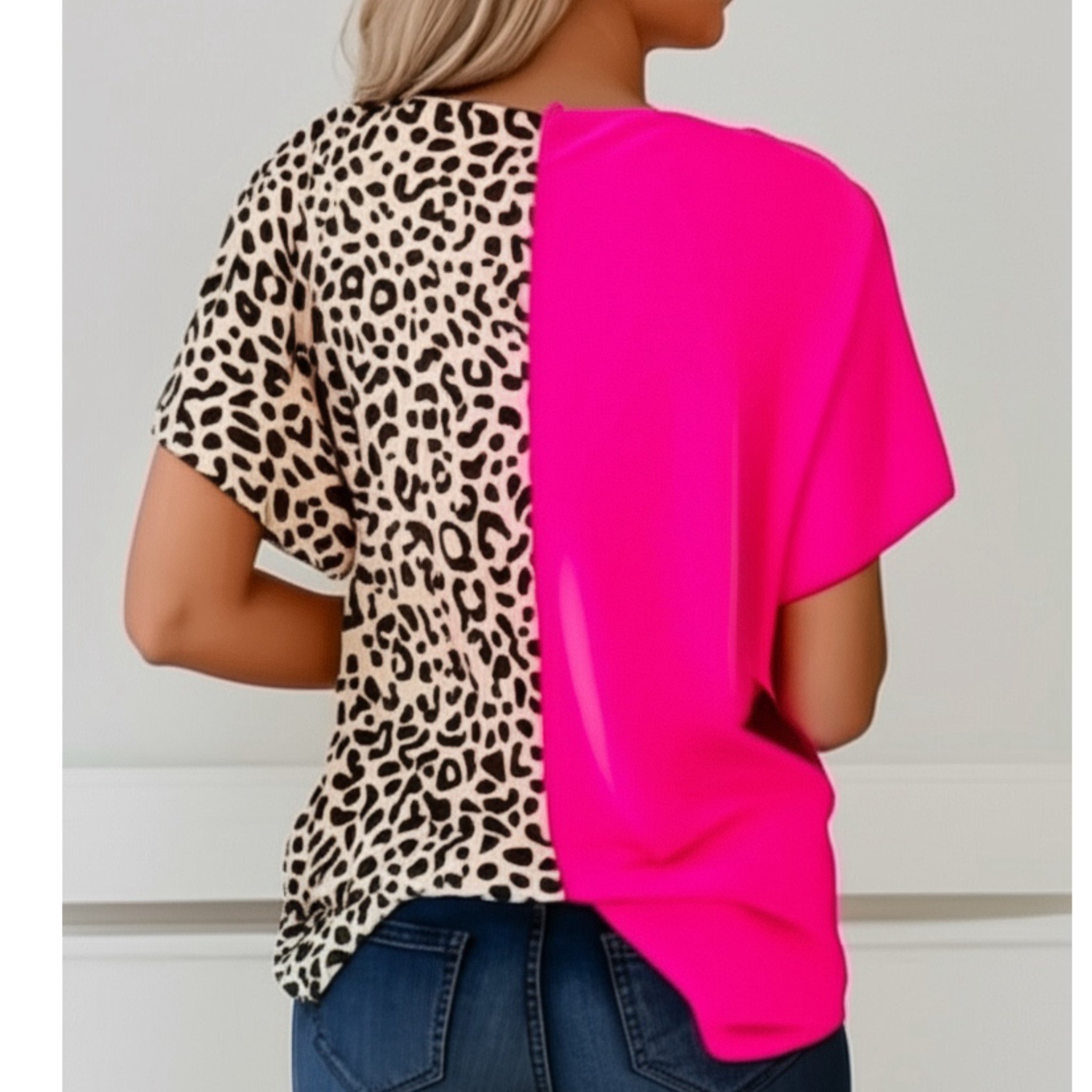 Contrast Pink & Leopard Colorblock V Neck Top Short Sleeve Shirt