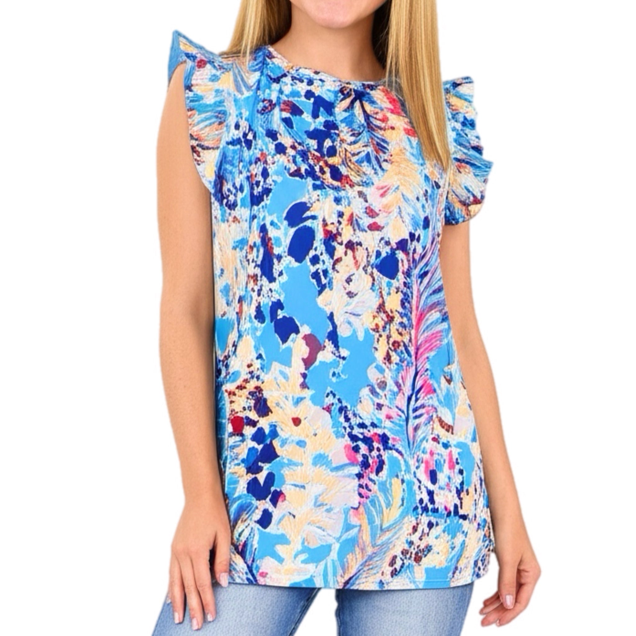 Floral Print Ruffle Sleeve Summer Top Coastal Blue Blouse