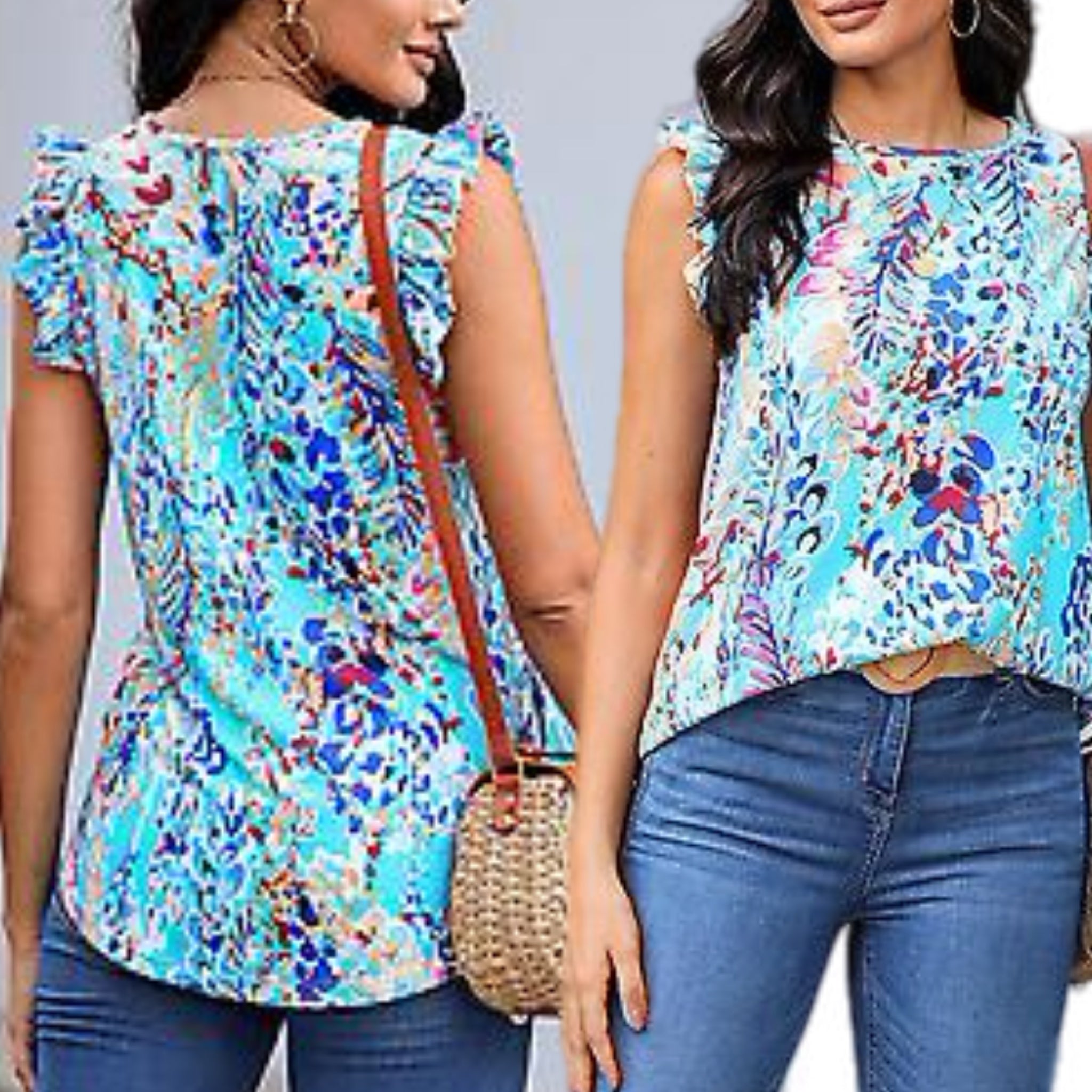 Floral Print Ruffle Sleeve Summer Top Coastal Blue Blouse