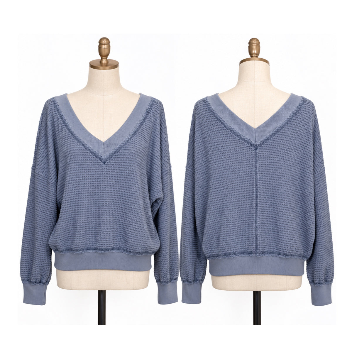 La Miel Denim Blue Waffle Knit V-Neck Sweater Long Sleeve Top