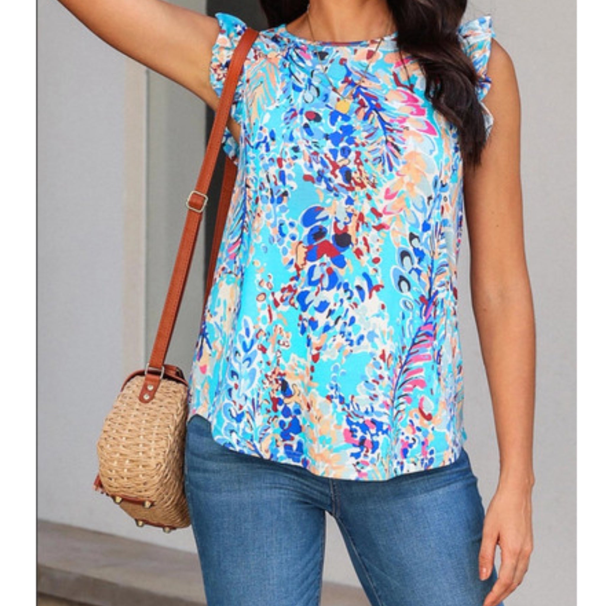 Floral Print Ruffle Sleeve Summer Top Coastal Blue Blouse
