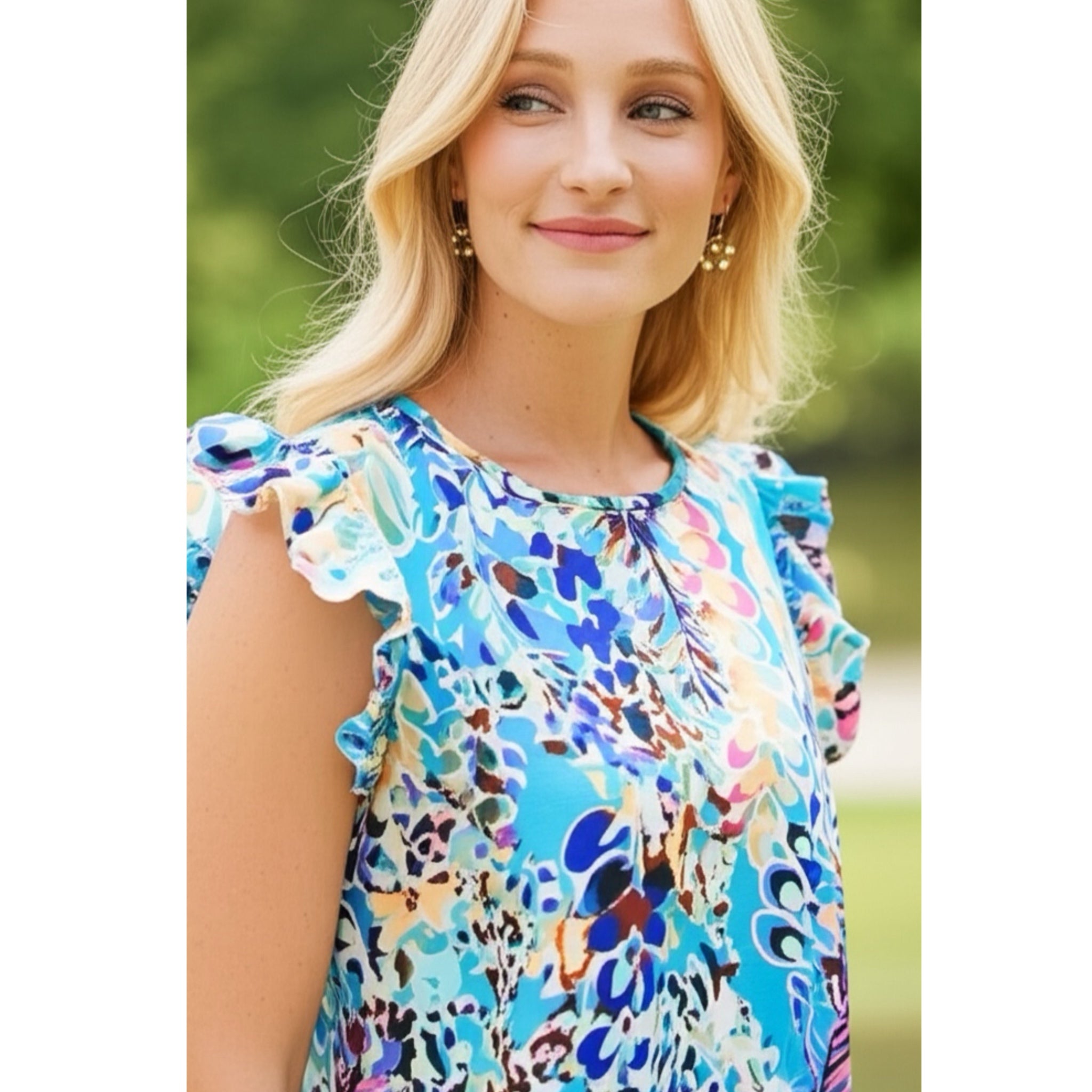 Floral Print Ruffle Sleeve Summer Top Coastal Blue Blouse