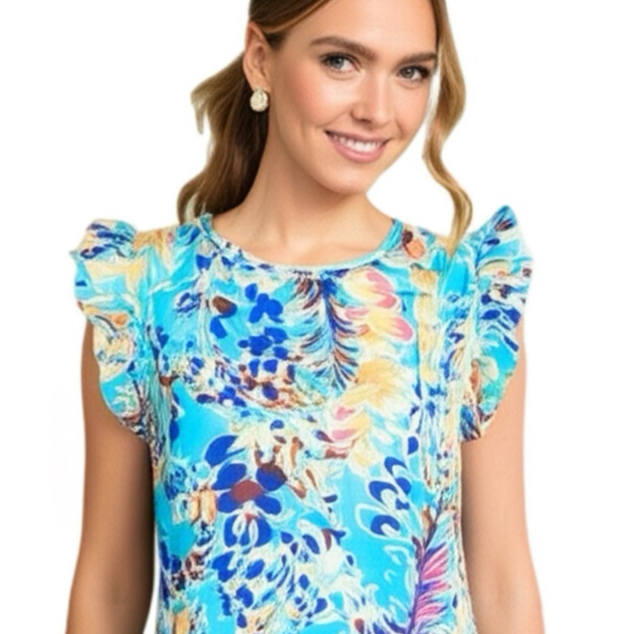 Floral Print Ruffle Sleeve Summer Top Coastal Blue Blouse