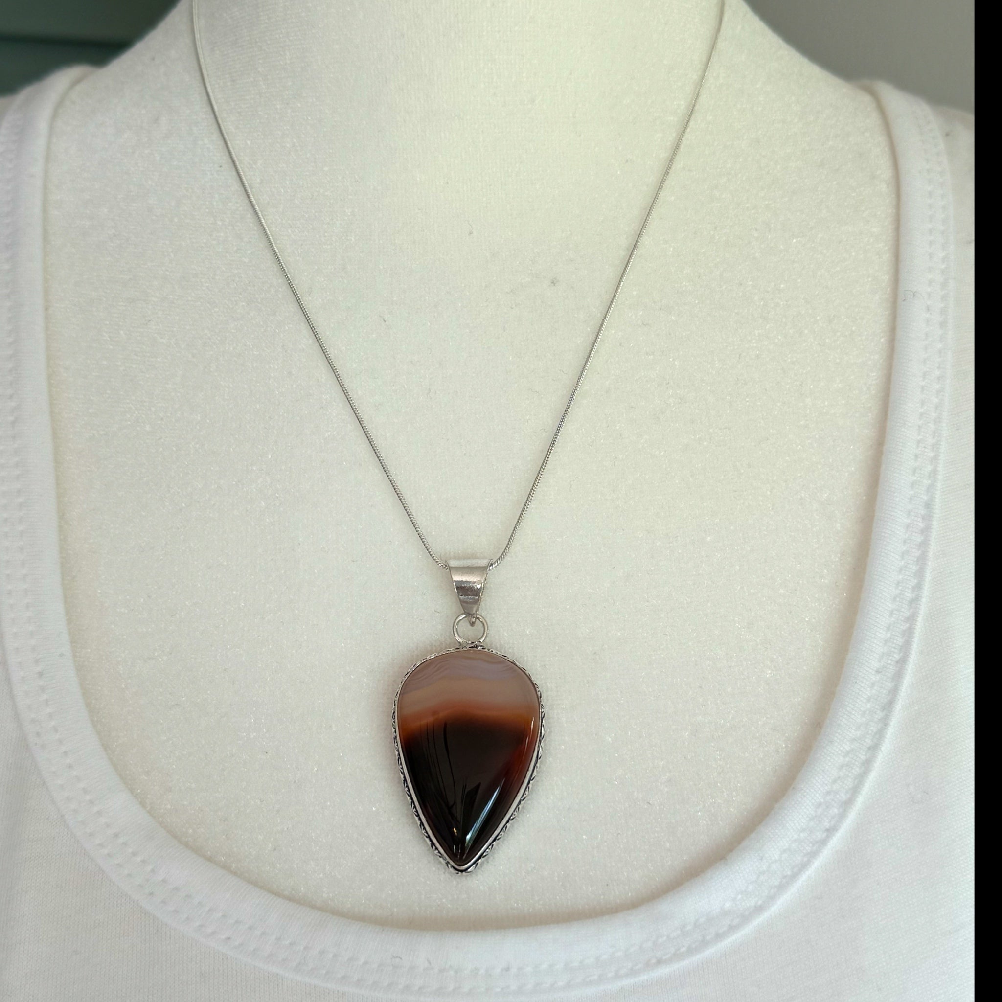 Western Sunset Agate Gemstone Pendant Necklace 925 Sterling Silver Plate Bezel & Chain