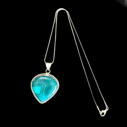 Ocean Blue Agate Gemstone Pendant Necklace 925 Sterling Silver Bezel & Chain