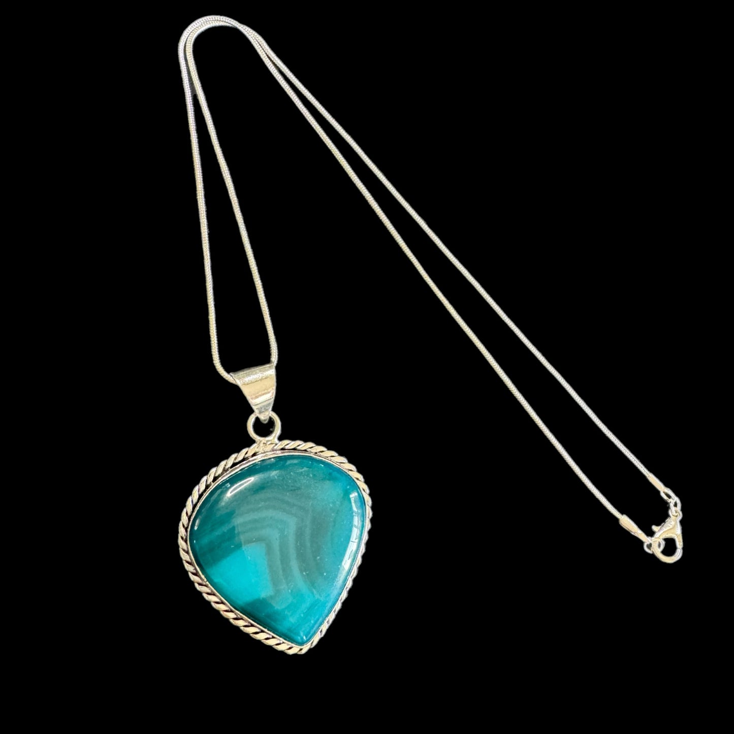 Ocean Blue Agate Gemstone Pendant Necklace 925 Sterling Silver Bezel & Chain