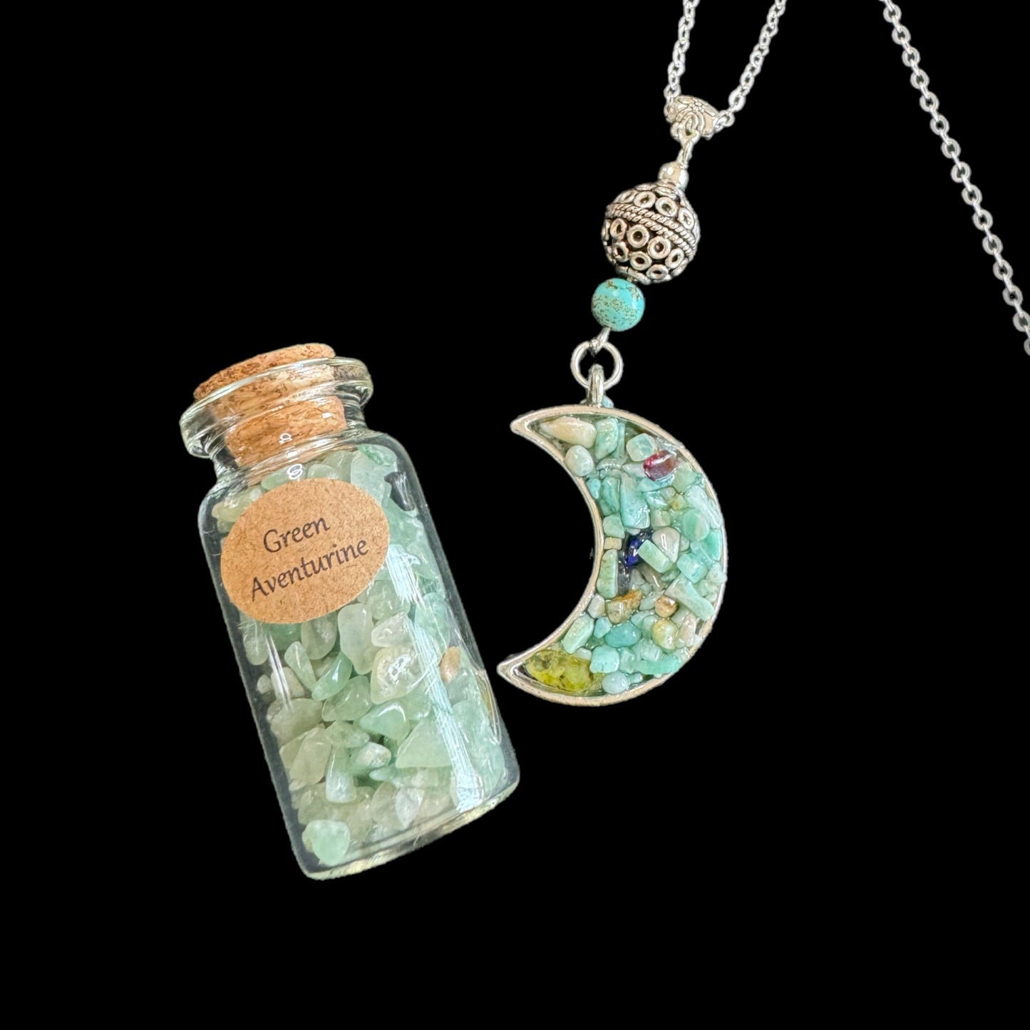 Green Aventurine Gemstone Chip in Resin Moon Necklace