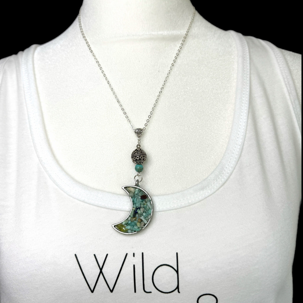 Green Aventurine Gemstone Chip in Resin Moon Necklace