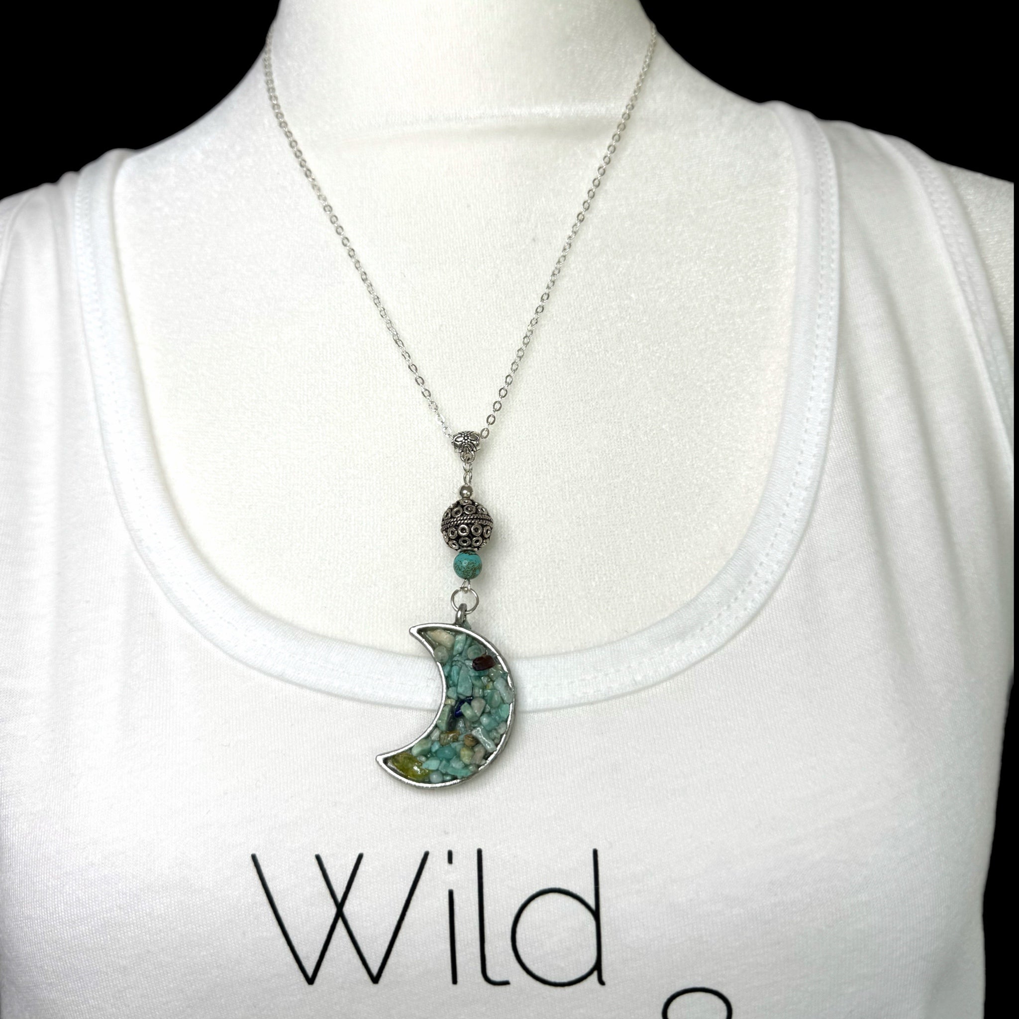 Green Aventurine Gemstone Chip in Resin Moon Necklace