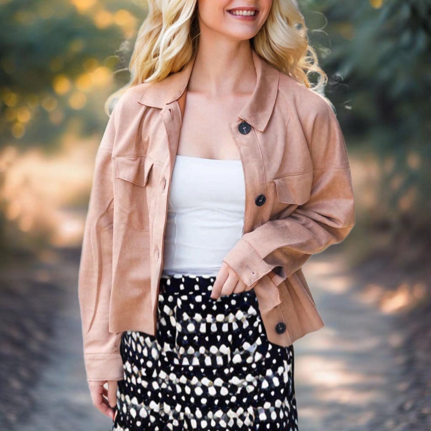 Feel Your Best Faux Suede Cropped Boxy Fit Light Jacket in Camel Beige