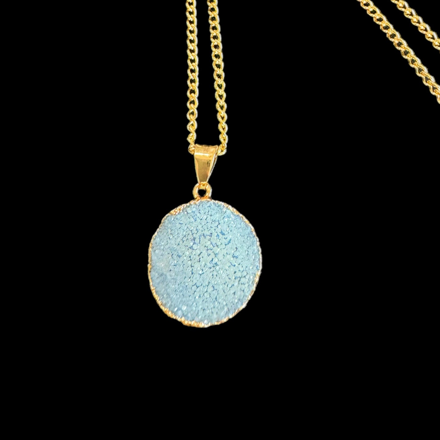 Blue Natural Druzy Quartz Gemstone Pendant Necklace Gold Plate