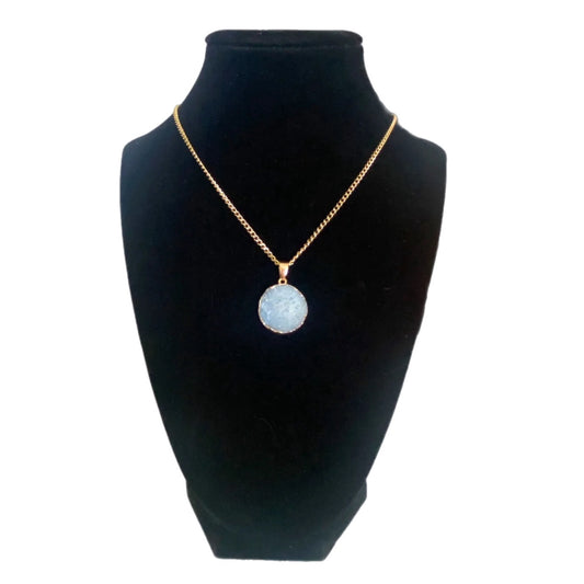 Blue Natural Druzy Quartz Gemstone Pendant Necklace Gold Plate