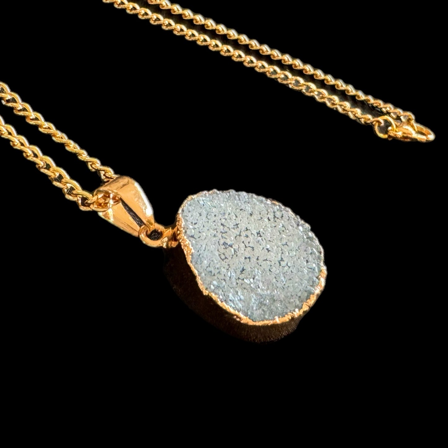 Blue Natural Druzy Quartz Gemstone Pendant Necklace Gold Plate