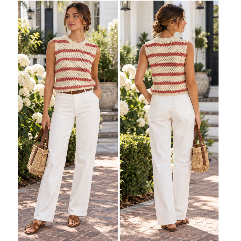 LA MIEL Coastal Open Knit Sweater Vest in Coral Beige Stripe