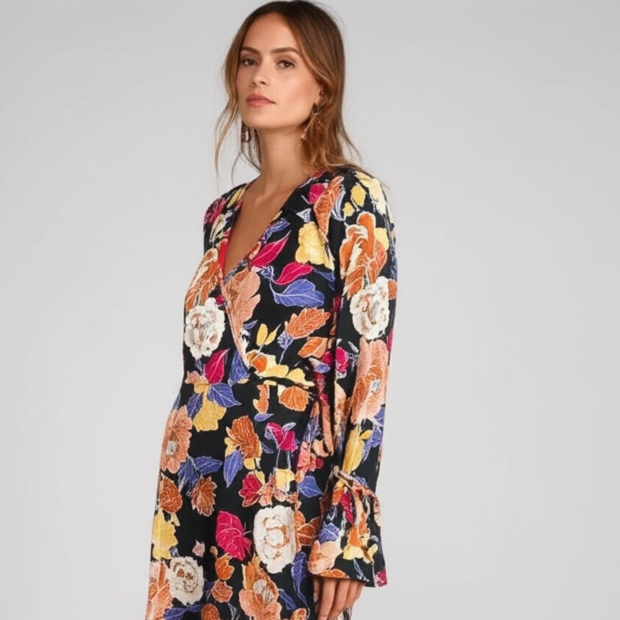 BAND OF THE FREE Black Floral Hi-Lo Wrap Maxi Dress Long Sleeve