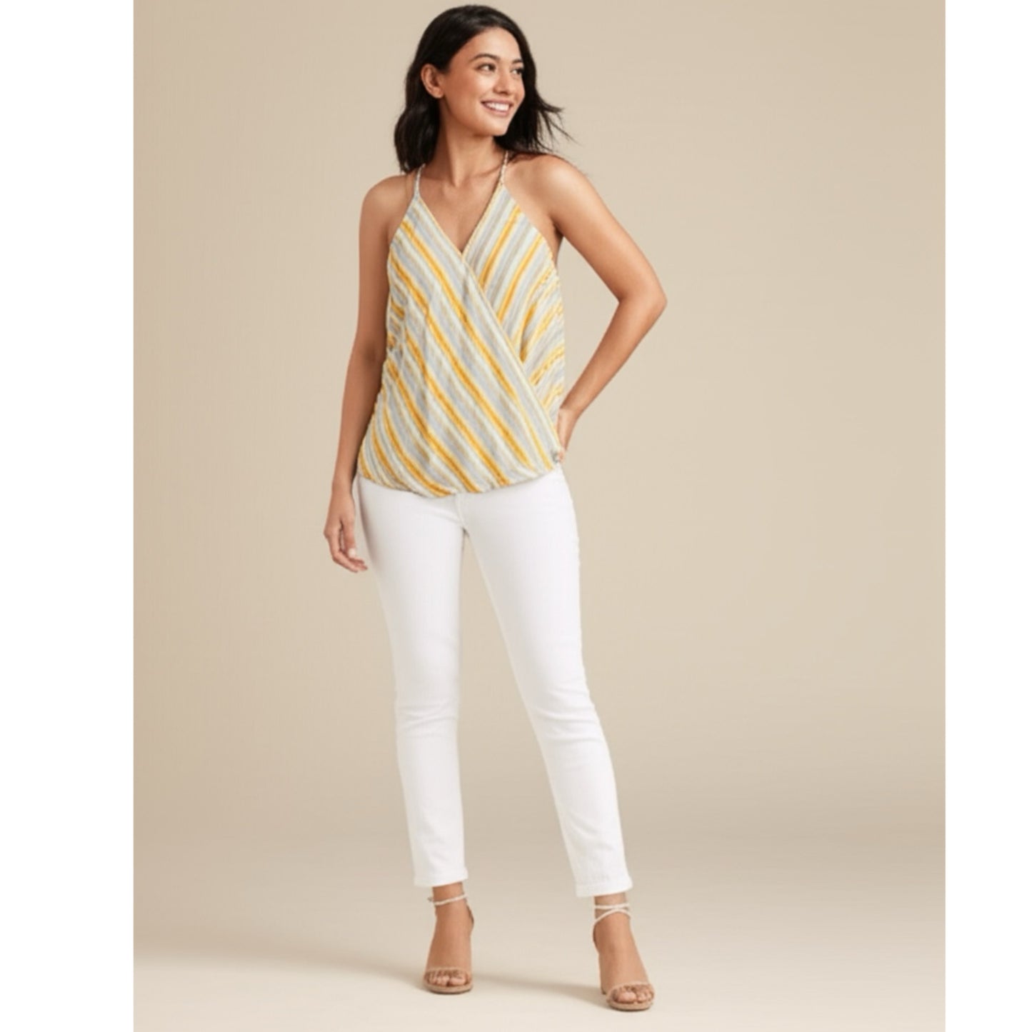 Market & Spruce Coastal Lady V Neck Top Sleeveless Blouse in Yellow Stripe