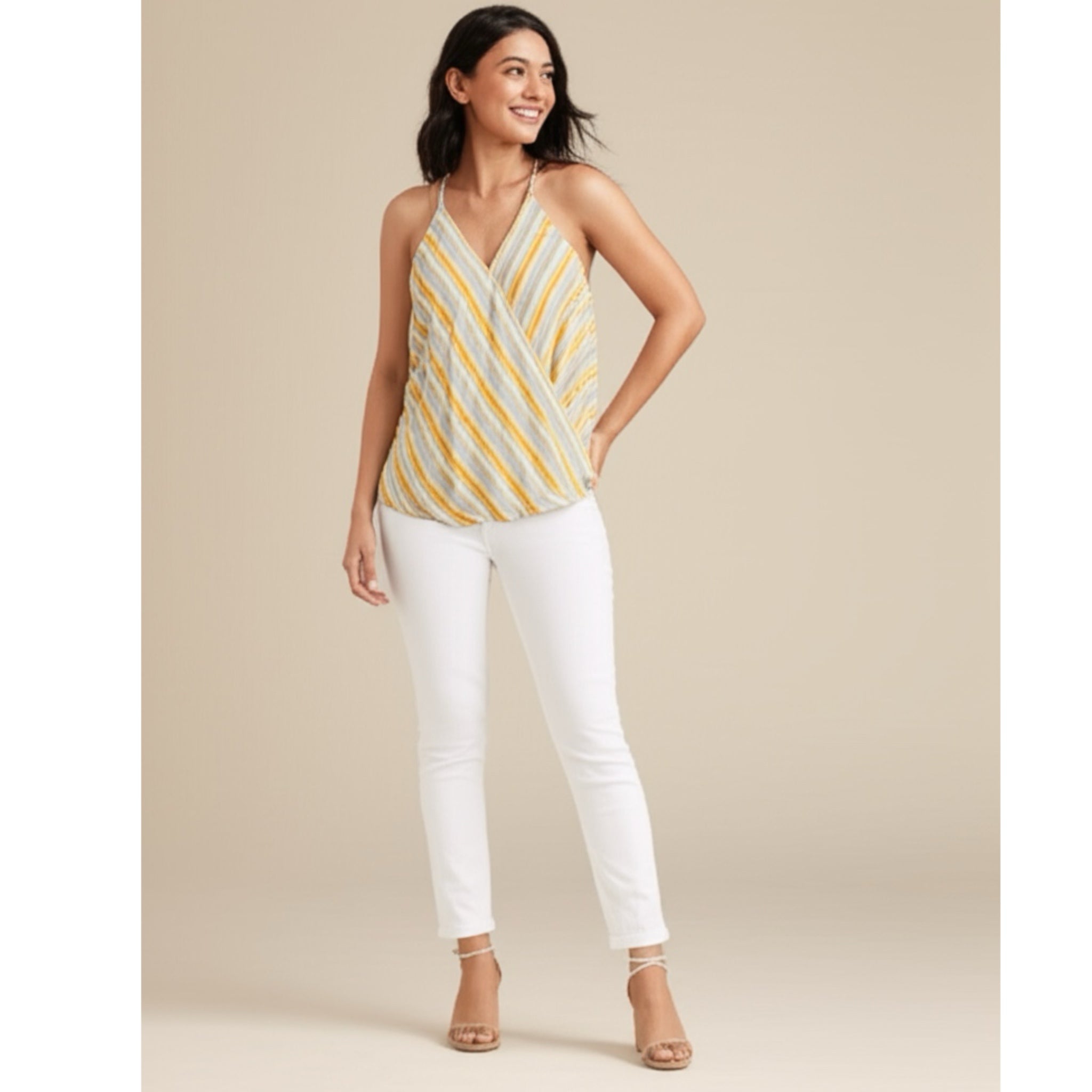 Market & Spruce Coastal Lady V Neck Top Sleeveless Blouse in Yellow Stripe