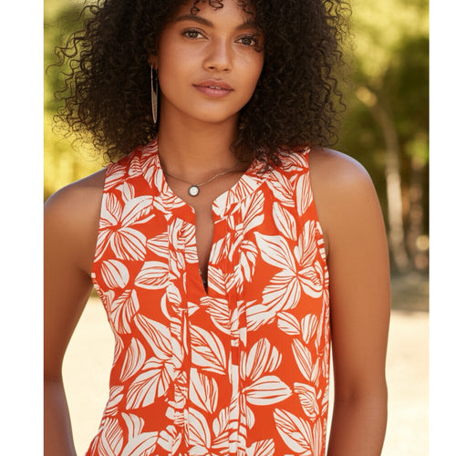 41 Hawthorn Tropical Orange Leaf Summer Blouse Sleeveless Top
