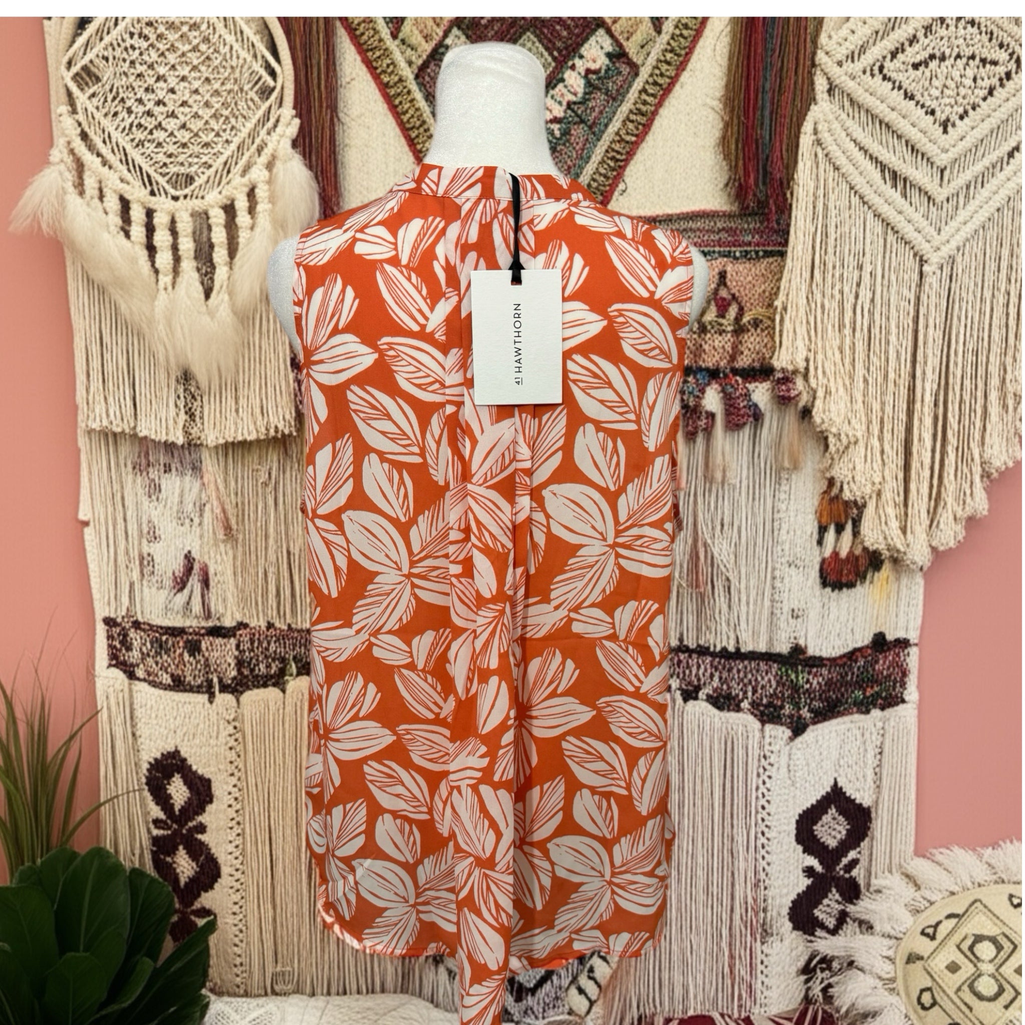 41 Hawthorn Tropical Orange Leaf Summer Blouse Sleeveless Top
