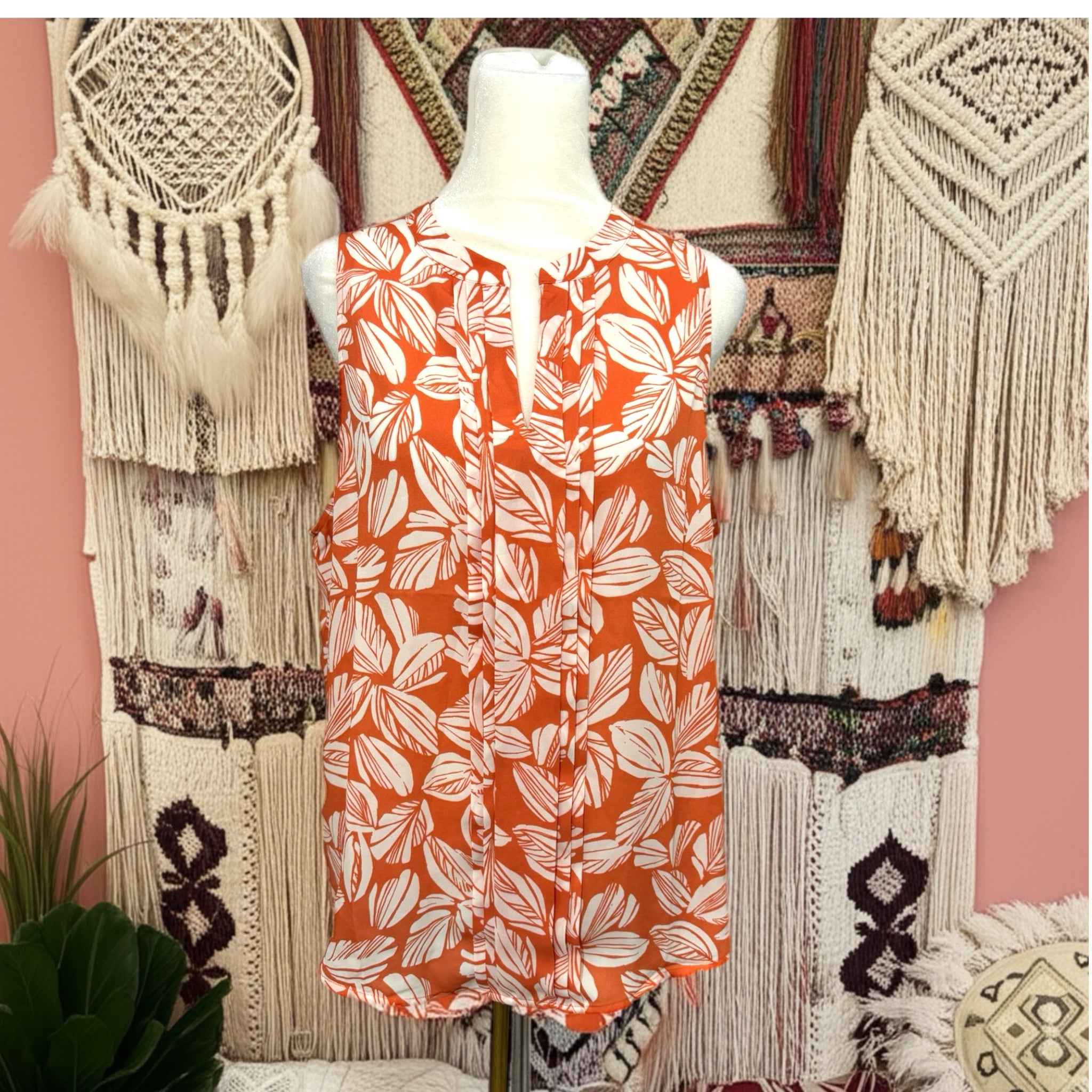 41 Hawthorn Tropical Orange Leaf Summer Blouse Sleeveless Top