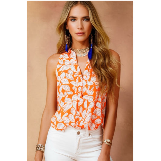 41 Hawthorn Tropical Orange Leaf Summer Blouse Sleeveless Top