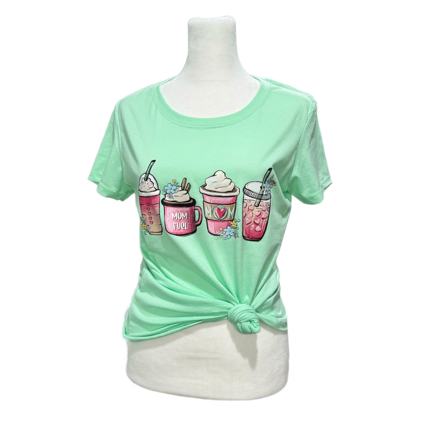 MOM FUEL COFFEE LATTE Graphic T Shirt Fitted Tee Mint Green M/L