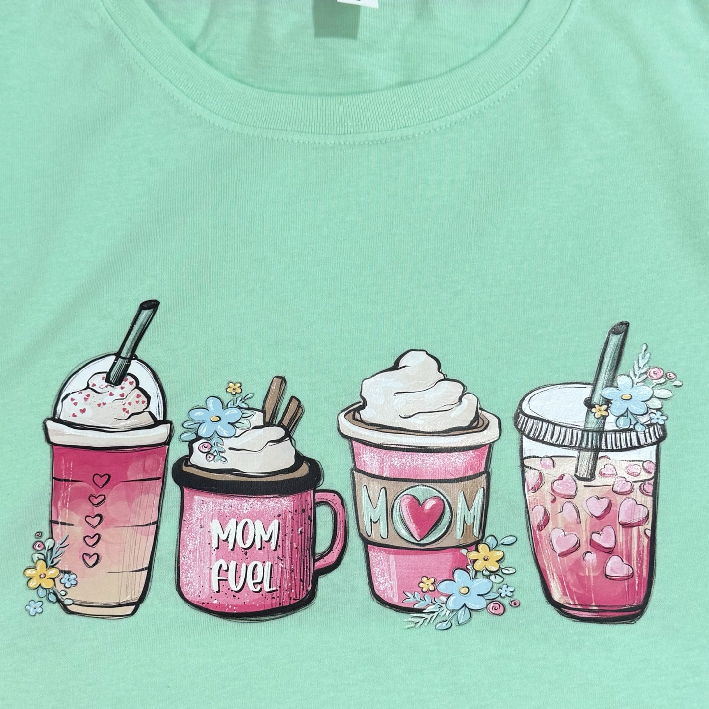 MOM FUEL COFFEE LATTE Graphic T Shirt Fitted Tee Mint Green M/L