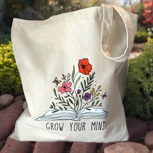 Grow Your Mind Canvas Tote Bag Groceries, Books, Travel, Beach Bag