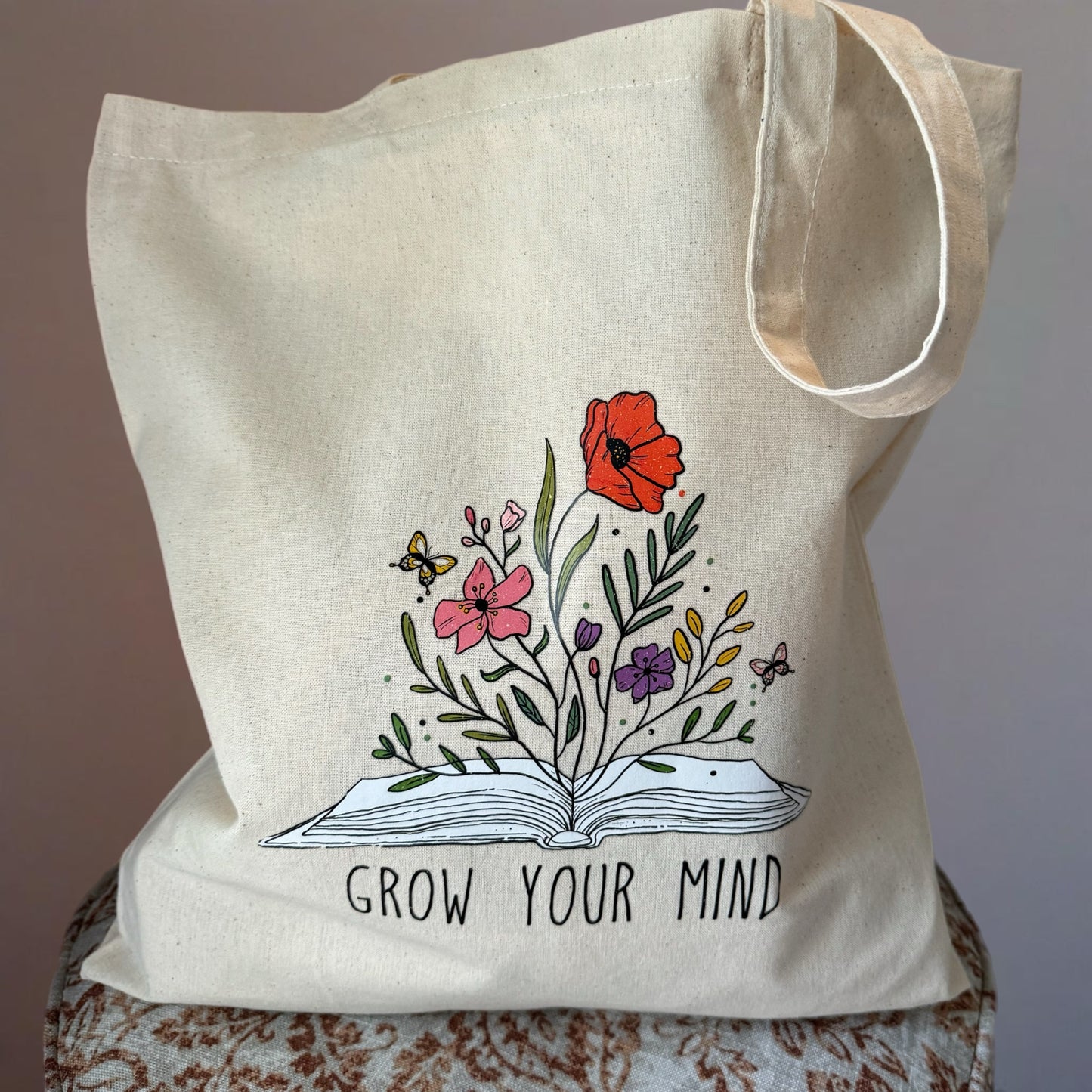 Grow Your Mind Canvas Tote Bag Groceries, Books, Travel, Beach Bag