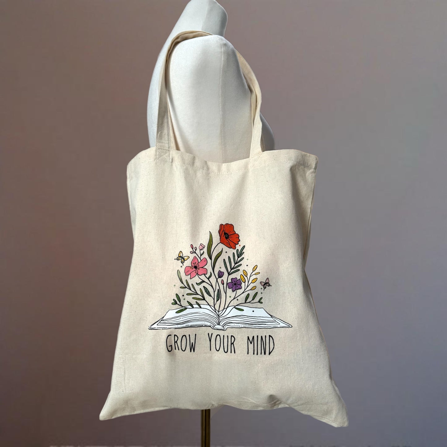 Grow Your Mind Canvas Tote Bag Groceries, Books, Travel, Beach Bag