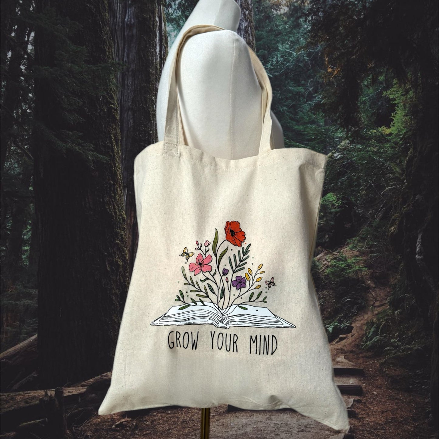 Grow Your Mind Canvas Tote Bag Groceries, Books, Travel, Beach Bag