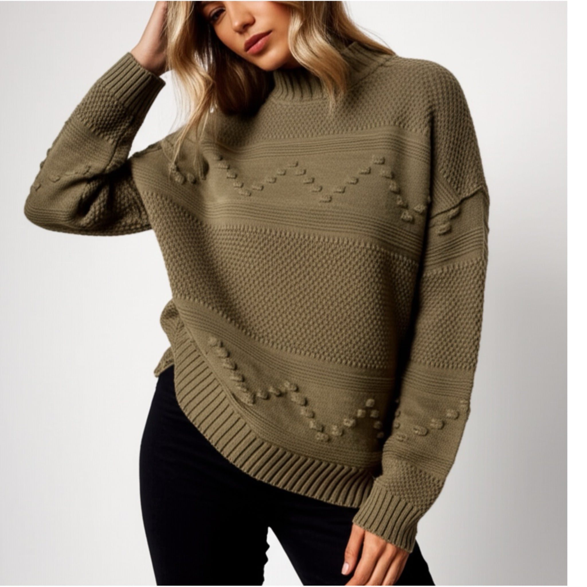 Pink Clover Gabriel Mock Neck Textured Sweater in Olive Green