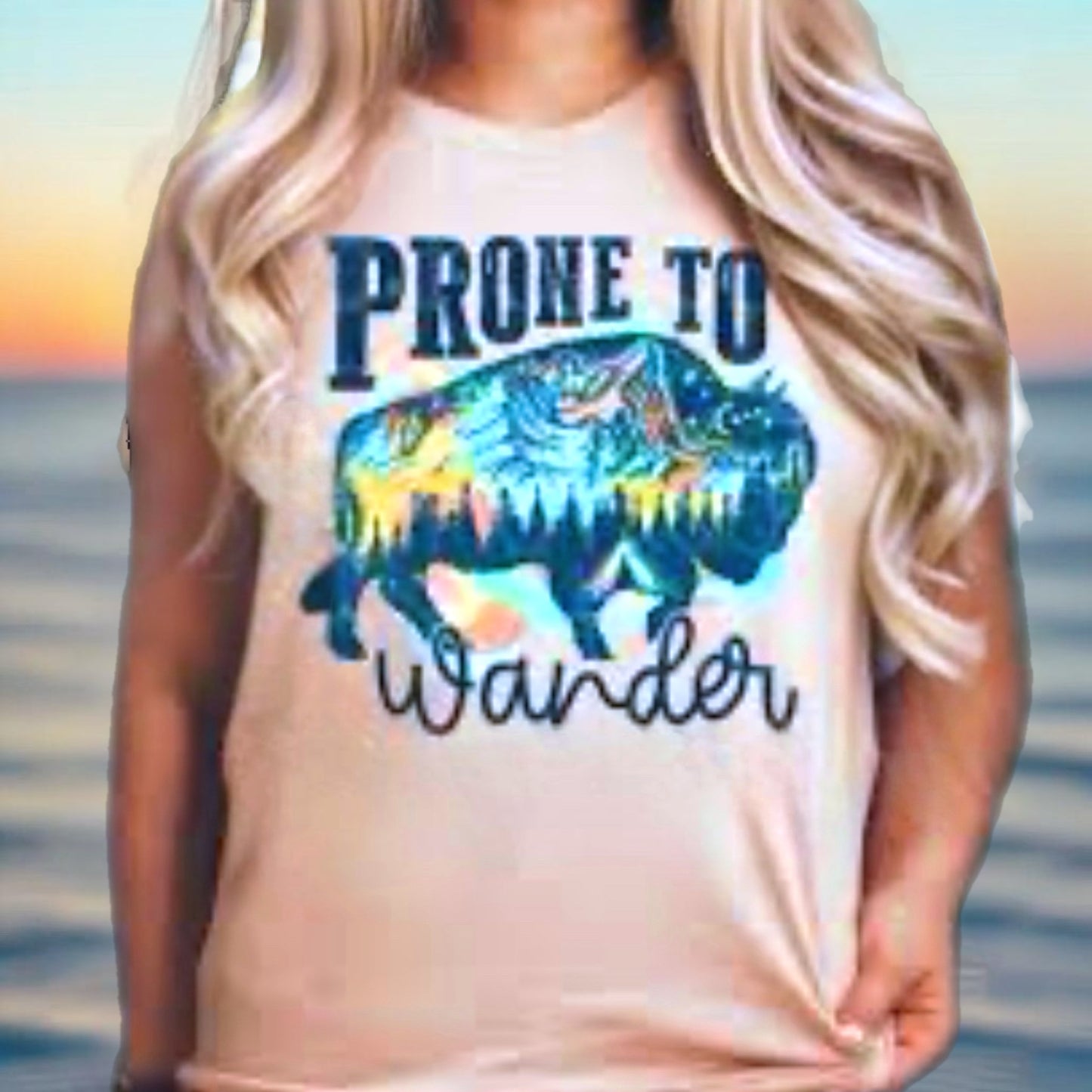 “Prone to Wander” Boho Western Bull Cotton T shirt Women’s Pink Crew Neck