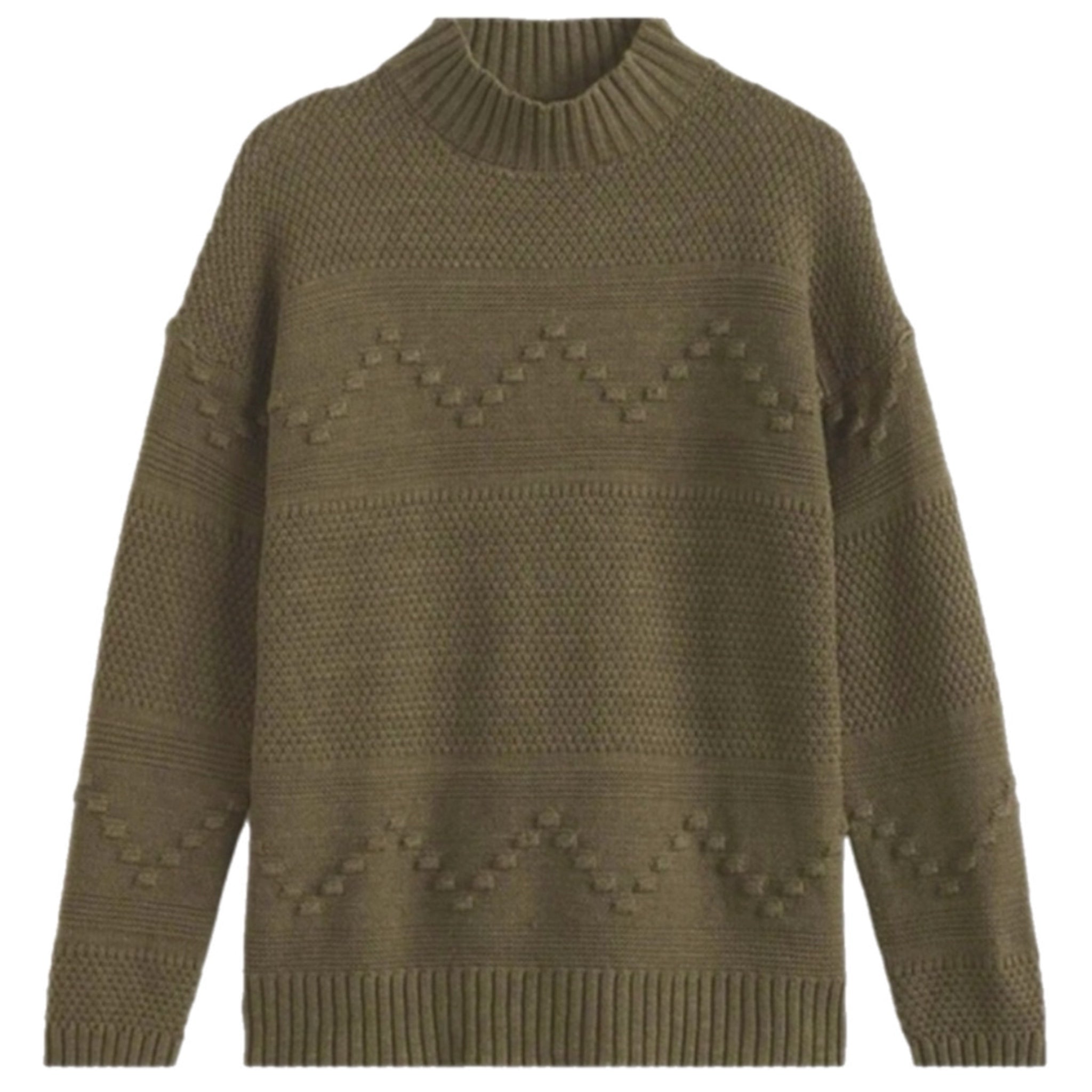 Pink Clover Gabriel Mock Neck Textured Sweater in Olive Green
