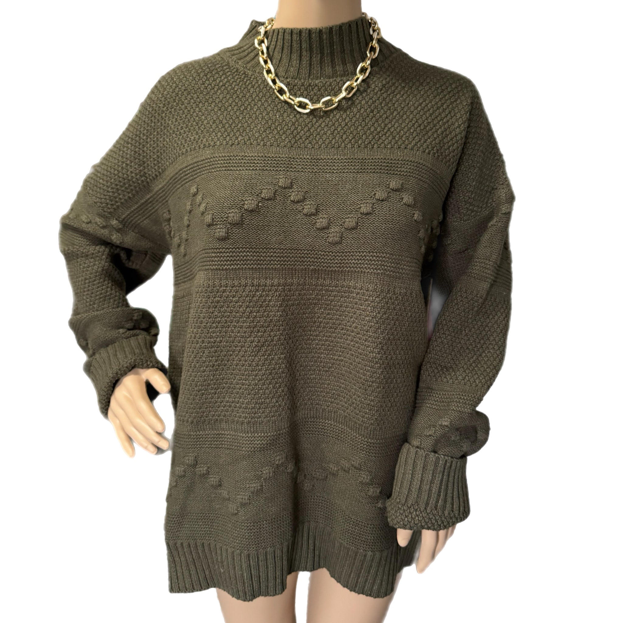 Pink Clover Gabriel Mock Neck Textured Sweater in Olive Green