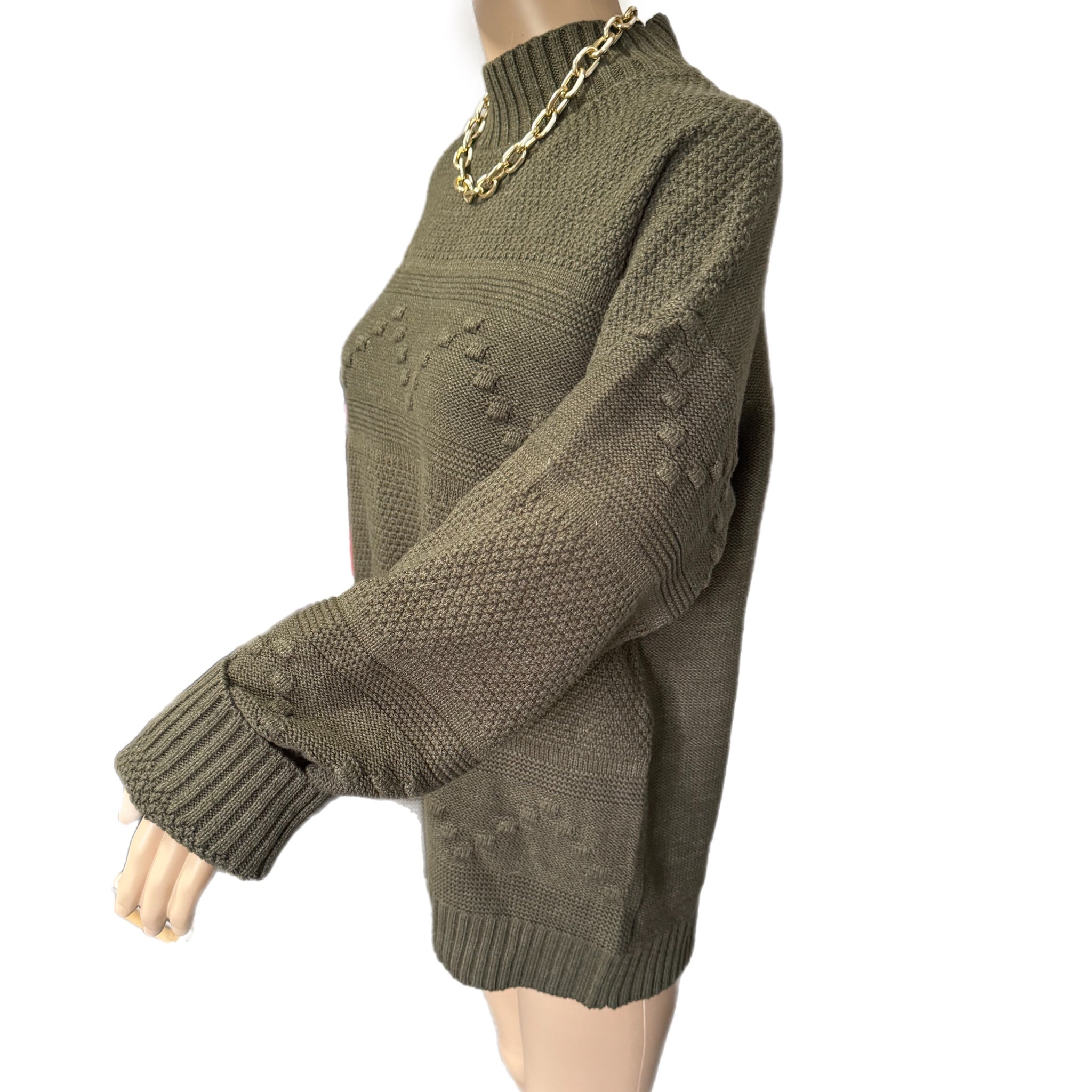 Pink Clover Gabriel Mock Neck Textured Sweater in Olive Green