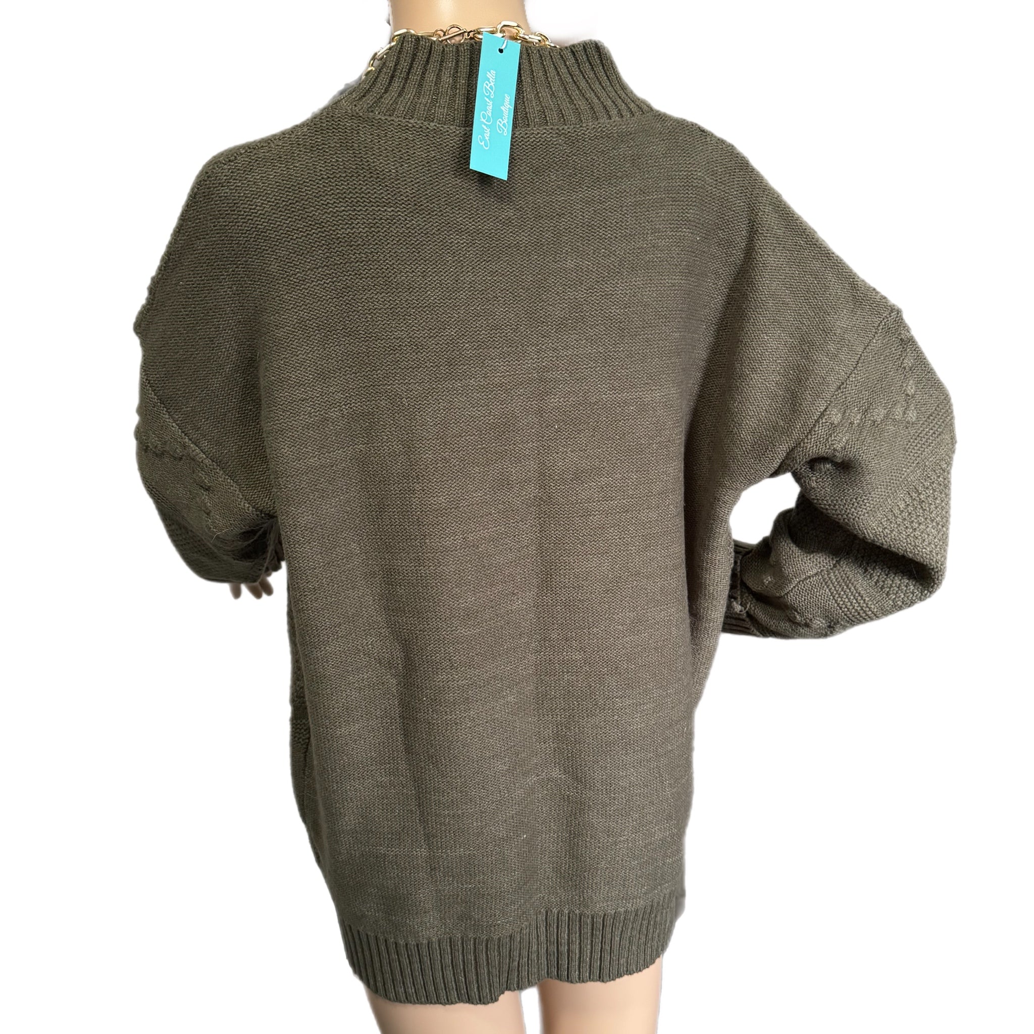 Pink Clover Gabriel Mock Neck Textured Sweater in Olive Green