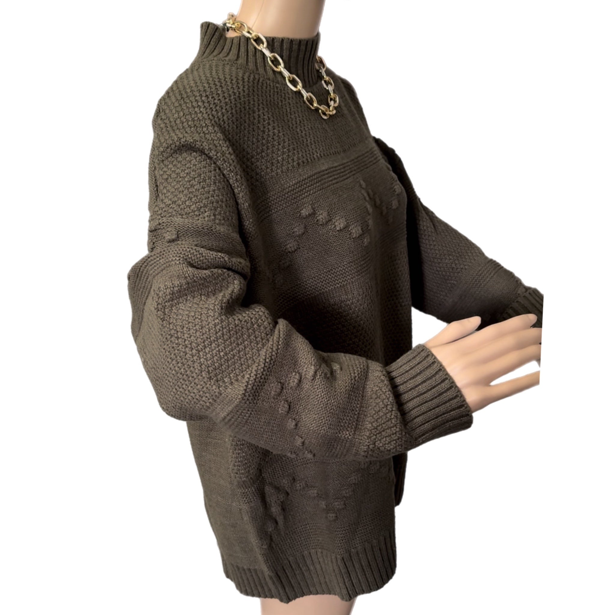 Pink Clover Gabriel Mock Neck Textured Sweater in Olive Green