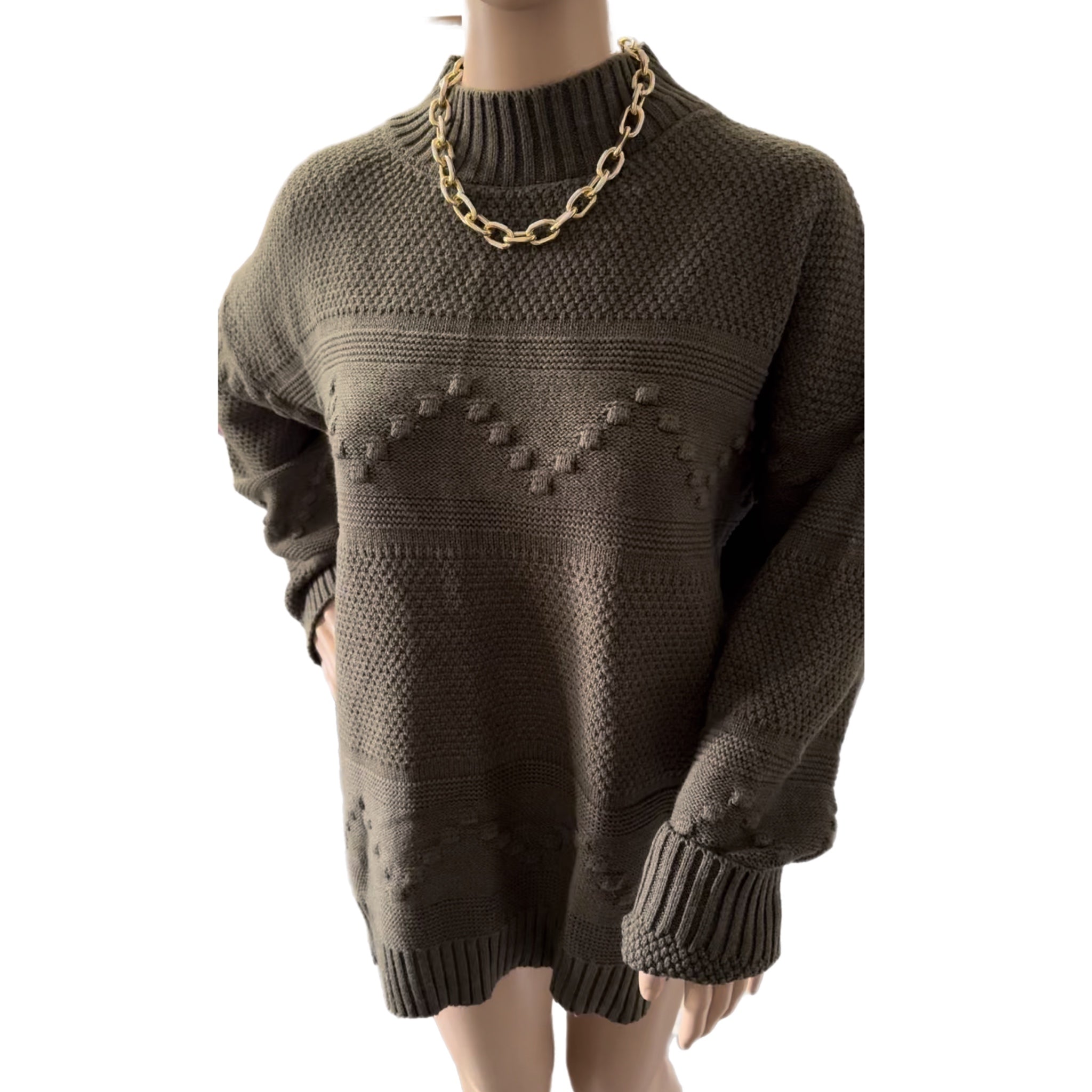 Pink Clover Gabriel Mock Neck Textured Sweater in Olive Green